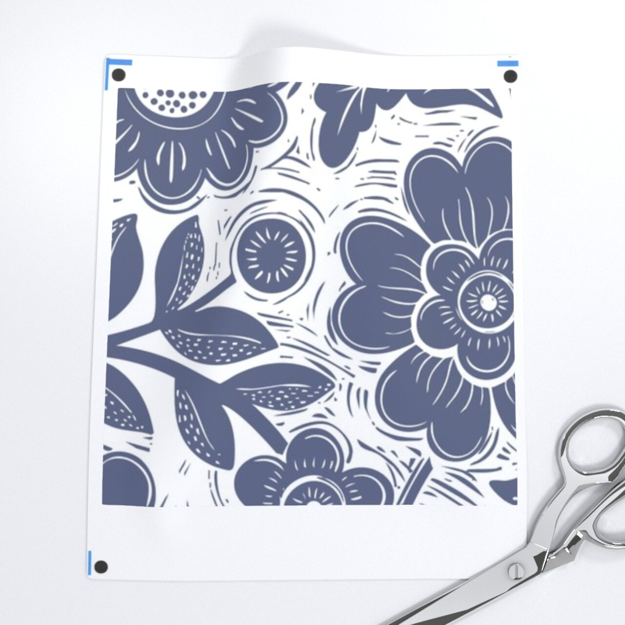 Blue Floral Block Print Birds Hand Drawn Woodcut Summer Stamp Custom Printed Fabric by Spoonflower Various Fabrics by the Yard or Fat Quarter